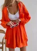 Women's Tracksuits Summer Suit Shirt and Short Sets Solid Color Casual Cotton Linen Blouse Shorts Two Piece Set Outfit 2023 230915