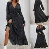 Abiti casual Donna Primavera Autunno Elegante abito lungo a pois Manica a lanterna Sexy scollo a V Party Orlo con volant Flowy Maxi allentato