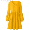 Basic Casual Dresses Women Tunic Casual Dresses V Neck Loose Flowy Swing Shift Mini Dress Long Sleeve L230916