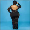 Plus Size Dresses Kexu Sheer Mesh Stripe Women Dress O-Neck Fl Sleeve Stretchy Skinny Long Maxi Y Club Party Vestidos Drop Delivery Ap Dhdi6