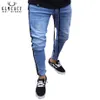 Mäns blå sida randig mager streetwear denim jeans hip hop vintage tvätt smal fit blyertsbyxor264k