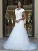 White Wedding Dresses Bridal Gowns Mermaid Trumpet Formal Ivory Custom New Plus Size Lace Up Zipper Button Applique Lace Sweetheart With Short Sleeves Tulle