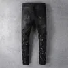 High Street Fashion Brand Black Hole Patch Red Diamond Elastic Slim Leg Jeans Pantalon Homme Bootcut Jeans For Men Hombre254C
