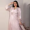 Ethnic Clothing Muslim Elegant Women Wrap Dress Cardigan Vest V-Neck Arab Islamic Pleated Solid 2 Pieces Set