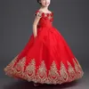 Luxuriöses Ballkleid mit goldenen Applikationen, schulterfrei, rot, lange Mädchen-Festzug-Kleider, Kinder-Abschlussball-Party-Kleider, Blumenmädchen-Kleider YTZ104293C