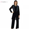 Tani Mother of the Bride Pants Suit z kurtką 2020 Fall Long Rleeve Trzy kawałki Kostka Długość czarna szyfonowa impreza gościnna 346G