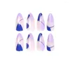 False Nails 24Pcs/Set Oval Head Wearing Almond Blue Abstract Line Design Artificial Fake Art Full Cover Press On Nail Tips