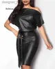 Basic Casual Dresses Casual Dresses Black Asymmetrical Sexy Faux Leather Bodycon Dress Women Summer Long Sleeve Knee Length Pencil L230916