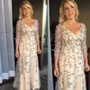 Gorgeous A-line Mother Of The Bride Dresses V-neck Long Sleeve 3D Floral Appliqued Wedding Gown Chiffon Ruched Floor-length Mother300n