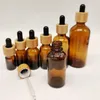 Frosted Amber Glass Droper Bottle 5 ml 10 ml 15 ml 20 lm 30 ml 50 ml 100 ml med bambu cap 1oz trä eteriska oljeflaskor bleee