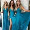 Country Teal Blue Chiffon Bridesmaid Dresses Long Sexy Deep V Neck full length summer beach maxi prom party gowns backless 2019 fo222V