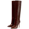 Botas apontou toe outono inverno botas sexy salto alto moda ocidental impressão joelho mulher microfibra salto vermelho 230915