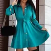 Casual Dresses Elegantes weißes Mini-Shirt-Kleid Frau Herbst Langarm Büro Damen Gürtel Schwarzer Knopf Schnürung A-Linie Robe Femme