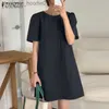 Basic Casual Dresses ZANZEA Women Korean Round Neck Short Sleeves Casual Plain H LIne Dresses L230916