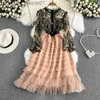 Basic Casual Dresses Casual Dresses 2023 Summer Round Neck Lace Stitching Mesh Aline Dress High Waist Puff Sleeve Dresses Vestidos Elegant MidLength Ladies Dress L2