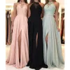 Nieuwe Elegante Halter Chiffon Lange Bruidsmeisjekleding Kant Applique Split Bruiloftsgast Jurk Bruidsmeisje Dresses2283