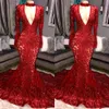 Red Royal Blue Gorgeous Bling paljetter Prom Dresses Mermaid Long Sleeves V Neck aftonklänning Kvinnor Eleganta festklänningar BC0842289U