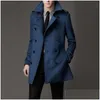 Mélanges de laine pour hommes Mode double boutonnage mi-long trench-coat homme d'affaires ceinturé coupe-vent militaire en laine coupe-vent livraison directe A Dhqv8