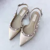 2023 Designer Women's Sandals Rivets Flat Shoes Genuine Leather Pointed Toe Women Strappy Dress Shoes Black White Nude Summer Big Size 35-44