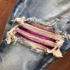 FALECTION MENS 21fw High quality jeans Distressed Motorcycle biker jean Skinny Slim Ripped hole stripe Fashionable PURPLE RABBITS 245J