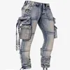 Amirs designer homens jeans Amirs nova rua alta multi bolso velho azul roupas de trabalho locomotiva lavagem fita jeans maré marca poiso259n