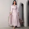 Ethnic Clothing Muslim Elegant Women Wrap Dress Cardigan Vest V-Neck Arab Islamic Pleated Solid 2 Pieces Set