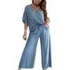 Women's Two Piece Pants Casual Loose Fit Set Stylish Summer V-neck Batwing Tops Wide Leg Outfit With Elastic