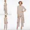 Plus Size Mother Of The Bride Pant Suit 3 Piece Chiffon for Beach Wedding Dress Mother's Dress Long Sleeves Cheap Mothers For321S