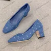 Damen-Abendschuhe, Pumps, Slipper, klobiger Absatz, Höhe 6,5 cm, Freizeitschuh, Designer-Denim-Druck, Slip-on-Hochzeitsschuh, Damen-Sandalen, klassischer blauer Freizeitschuh für Party