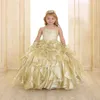 2020 Sparkling Girls Pageant Dresses Gold Princess Spaghetti Strap Crystal Beads Ruffles Organza Ball Gown Flower Girls Dresses Wi2493