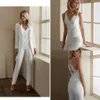 Elegant White Mother Of The Bride Pant Suits With Long Jacket 3 Pieces Wedding Guest Dress Sheer Lace Appliques Satin Groom Mother280S