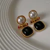 Dangle Earrings French Vintage Geometric Black Square Women Romance Pearl Stud