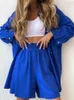 Women's Tracksuits Summer Suit Shirt and Short Sets Solid Color Casual Cotton Linen Blouse Shorts Two Piece Set Outfit 2023 230915