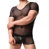 Mens Mesh T-shirt Gymträning Sheer Top Clubwear Sexiga transparenta män Underkläderuppsättning Boxare Shorts Se genom sexiga män kläder263g