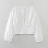 Women's Blouses Tops For Women Fashion Elegant Cutwork Embroidery Blouse Long Sleeve Crop Top Spring Summer V Neck Casual White