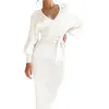 Robes décontractées de base femmes robe pull à manches longues col en V coupe Maxi tricotée avec ceinture goutte 230915