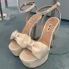 Lila Satin-Schleife-Plateau-Sandalen, Pumps, Schuhe für Damen, Abendschuhe, eleganter Schuh für Damen, Absatz 14 cm, freiliegender Zehenbereich, luxuriöse Designer-Knöchelriemen, super