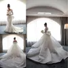 2018 Árabe Lindo Vestidos de Noiva Sereia com Trem Longo Destacável Ilusão Mangas Compridas Frisadas Vestidos de Noiva de Renda Completa BA9665191Z