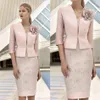 Elegant 3D Flower Pink Mother Of The Bride Dresses With Jacket Lace Applique Beaded Wedding Guest Dress Knee Length Formal Party G292F