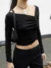 T-shirts Femmes Femmes S Sexy Crop Top Asymétrique Ruché À Manches Longues Slim Fit Chemise Mignon Sortir Hauts Pour Y2k Streetwear