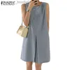 Basic Casual Dresses ZANZEA Women Korean Casual Round Neck Sleeveless Front Middle Pleated H Version Dress With Pockets L230916