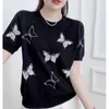 Kvinnors tröjor Butterfly Bows Pärlor Kort ärm Sticking Pullovers Top Casual Elegant Fashion Thin Jumpers Female Clothes 230915