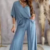 Women's Two Piece Pants V-neck Batwing Sleeve Top Set Stylish Summer Outfit Tops High Waist Wide Leg Loose Fit For A