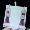 Dangle Earrings 3.5" White Pear With Red Chalcedony CZ Micro Pave Silver Plated Crystal Lever Back