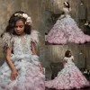 2020 Cute Flower Girl Dresses Jewel Neck Appliqued Beaded Feather Girl Pageant Gown Cascading Ruffle Sweep Train Custom Made285a