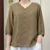 Blusas femininas roupas vintage estilo étnico bordado elegante verão com decote em v meia manga camisas soltas senhoras algodão linho topos