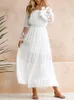 Casual Dresses Elegantes weißes langes Kleid Frauen Sommer rückenfrei schulterfrei Spitze Maxi Boho Strand Sommerkleid Damen Urlaub Vestidos