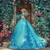 Винтажные синие платья Quinceanera, бальное платье, сказочные цветы ручной работы с открытыми плечами, фатиновые платья Sweet 16, Vestidos De 15 Anos Birthda2062