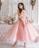 Blush Pink Prom -klänningar spets 3d blommor korta formella aftonklänningar från axeln ankel längd festgäst klänning plus storlek 328 328