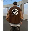 Womens Jackets American Retro Street Trend Travel Around The Earth Men Women Embroidered Baseball Uniform vintage Brown Fashion oversize Motorcycle Jacket Flocki